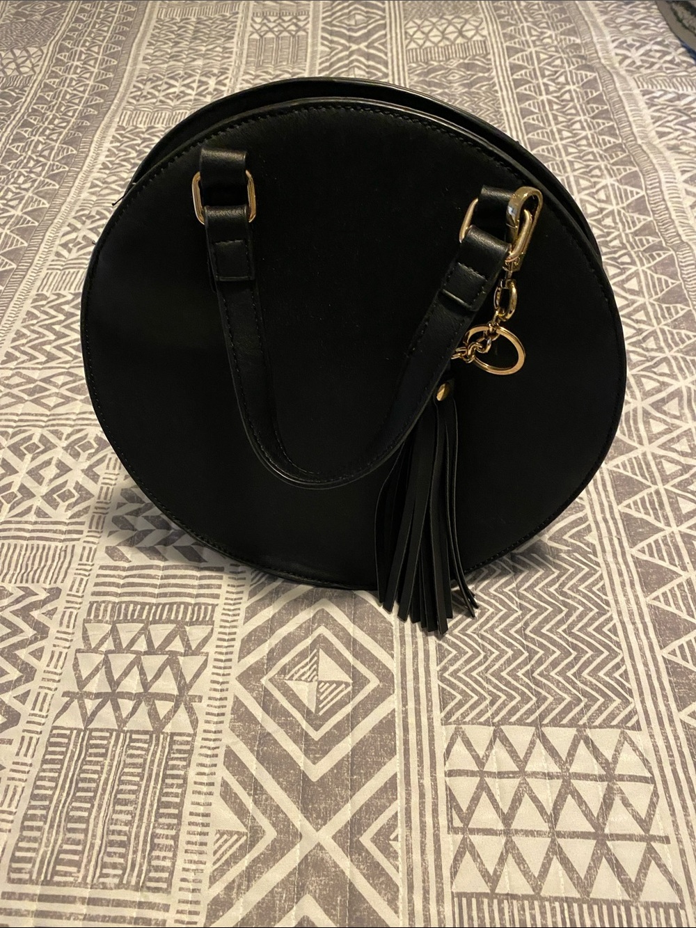 Black Round Leather Tassel Handbag